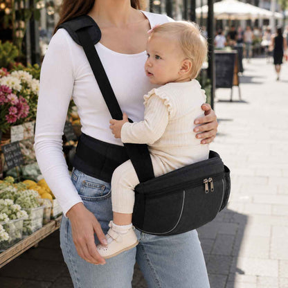 Porte-bébé à siège de hanche noir avec sangle d’épaule et bande de maintien, porté latéralement près d’un marché