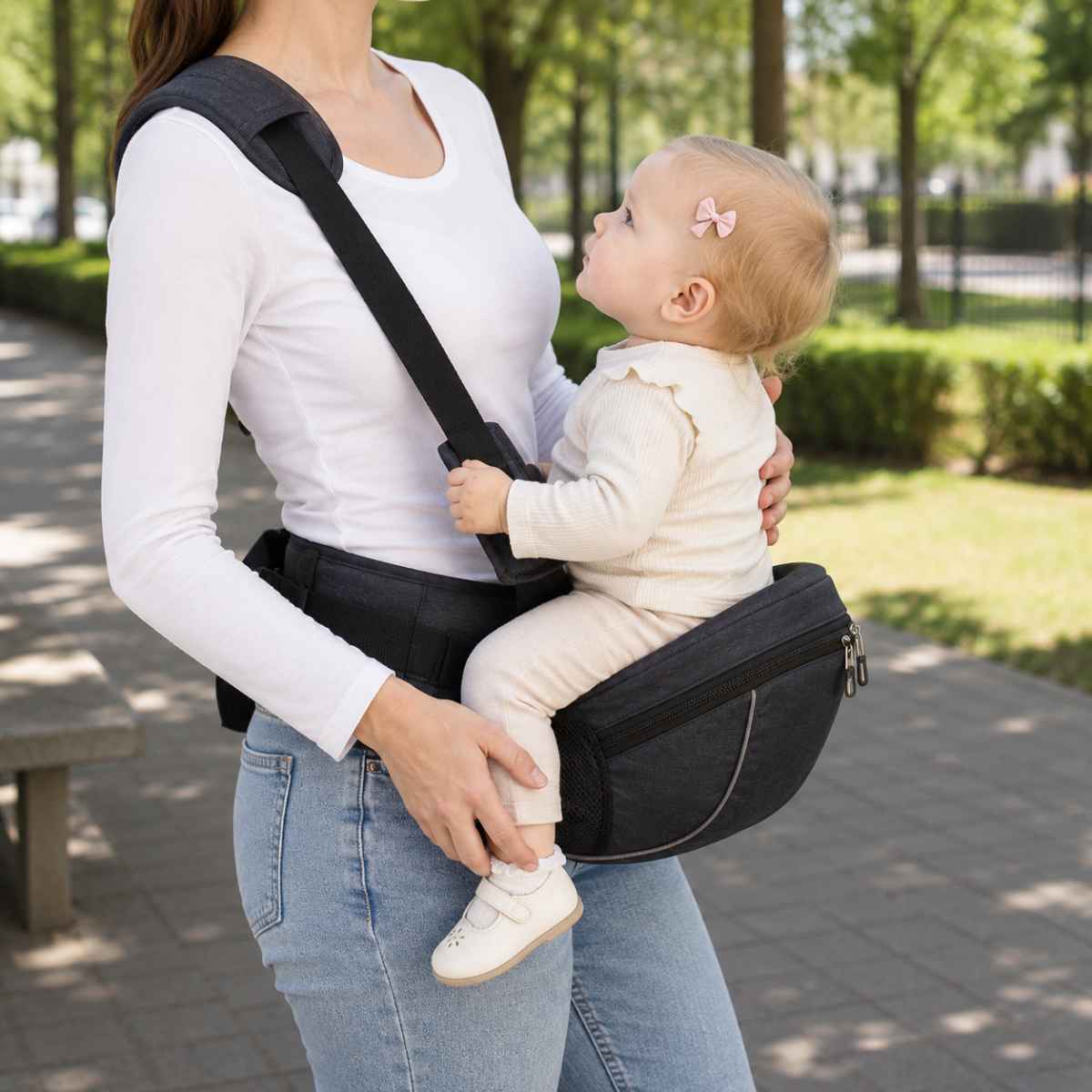 Porte-bébé à siège de hanche noir avec sangle d’épaule et bande de maintien, porté de profil dans un parc