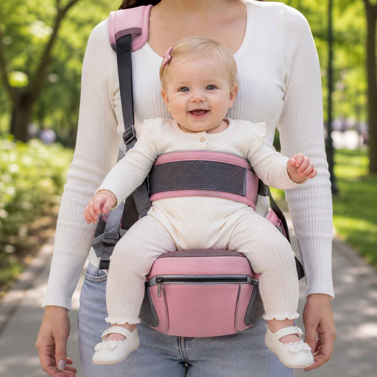 Porte-bébé à siège de hanche rose avec sangle d’épaule et bande de maintien, porté face vers l’avant dans un parc