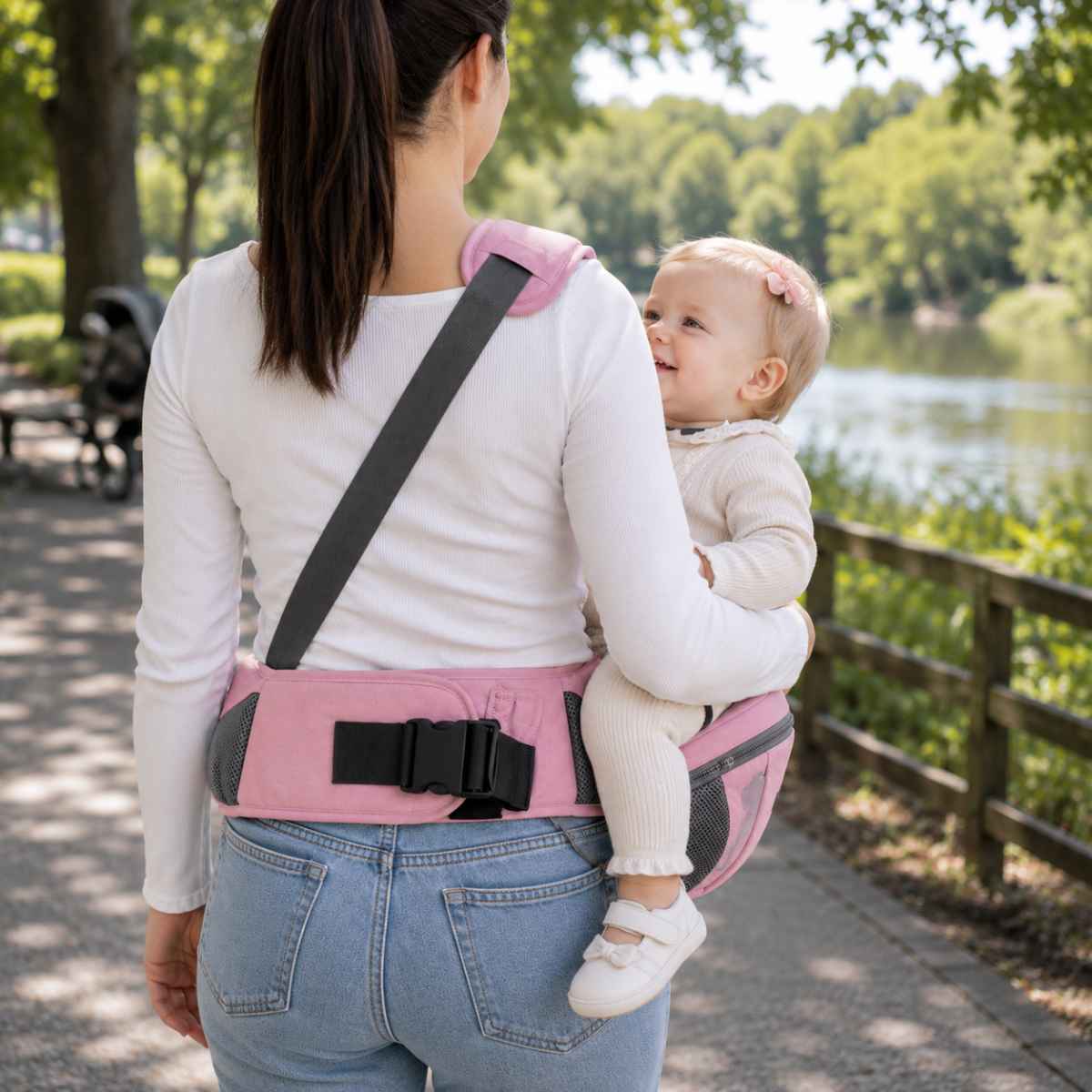 Porte-bébé à siège de hanche rose avec sangle d’épaule diagonale, vue arrière de la ceinture dans un parc