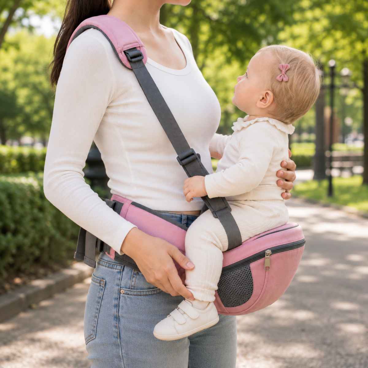 Porte-bébé à siège de hanche rose avec sangle d’épaule et bande de maintien, porté de profil dans un parc