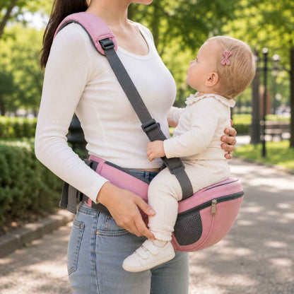 Porte-bébé à siège de hanche rose avec sangle d’épaule et bande de maintien, porté de profil dans un parc