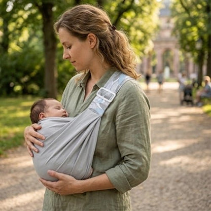 Porte-bébé à une épaule gris clair avec assise large et sangle réglable, utilisé en position horizontale dans un parc