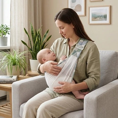 Porte-bébé à une épaule en maille blanche bleu gris avec assise large et sangle réglable, en intérieur