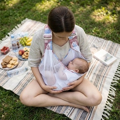 Porte-bébé à une épaule en maille blanche et rose avec assise large et sangle réglable, en position horizontale