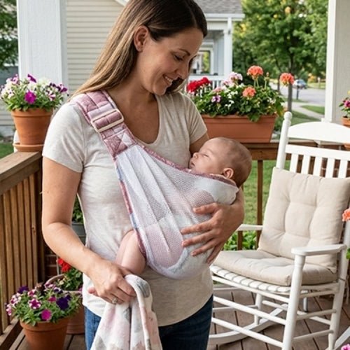 Porte-bébé à une épaule en maille blanche et rose avec assise large et sangle réglable, sur une terrasse