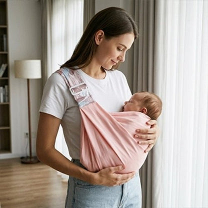 Porte-bébé à une épaule rose poudré avec assise large et sangle réglable, utilisé en position horizontale