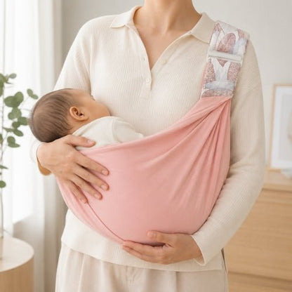 Porte-bébé à une épaule rose poudré avec assise large et sangle réglable, bébé installé en intérieur