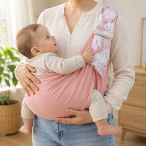 Porte-bébé à une épaule rose poudré avec assise large et sangle réglable, port face au porteur