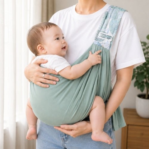 Porte-bébé à une épaule vert sauge avec assise large et sangle réglable, port face au porteur