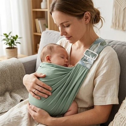 Porte-bébé à une épaule vert sauge avec assise large et sangle réglable, utilisé en intérieur