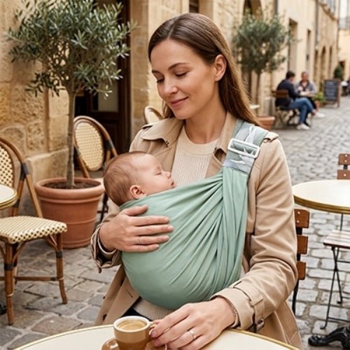 Porte-bébé à une épaule vert sauge avec assise large et sangle réglable, utilisé près d’un café