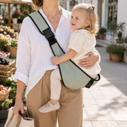 Porte-bébé à une épaule vert sauge avec sangle large et réglable, porté latéralement dans un marché