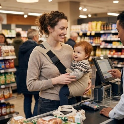 Porte-bébé à une épaule beige taupe avec épaulière large et boucle réglable, porté au supermarché