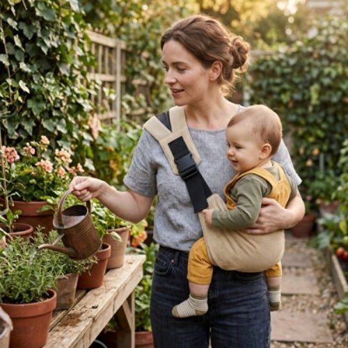 Porte-bébé à une épaule beige taupe avec épaulière large et boucle réglable, porté dans un jardin