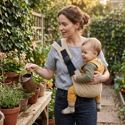 Porte-bébé à une épaule beige taupe avec épaulière large et boucle réglable, porté dans un jardin
