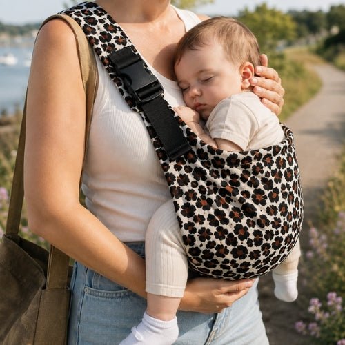 Porte-bébé à une épaule léopard clair avec épaulière large et boucle réglable, porté près de la mer