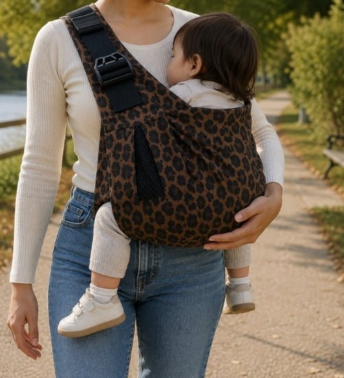 Porte-bébé à une épaule léopard avec épaulière large et boucle réglable, porté pendant une promenade