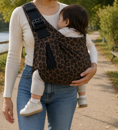 Porte-bébé à une épaule léopard avec épaulière large et boucle réglable, porté pendant une promenade
