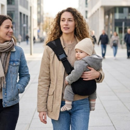 Porte-bébé à une épaule noir avec épaulière large et boucle réglable, utilisé pendant une promenade en ville