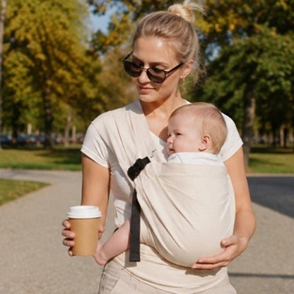 Porte-bébé à une épaule beige avec boucle réglable, utilisé en position frontale dans un parc
