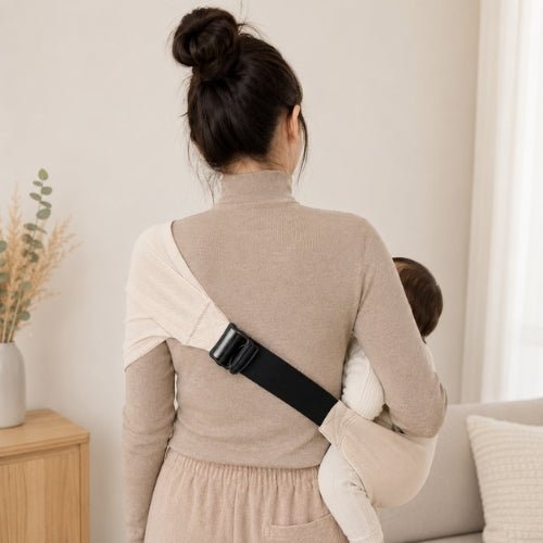 Porte-bébé à une épaule beige avec boucle réglable, vue arrière du portage en intérieur