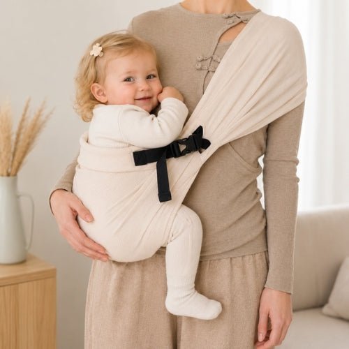 Porte-bébé à une épaule beige avec boucle réglable, enfant installé face au porteur à la maison