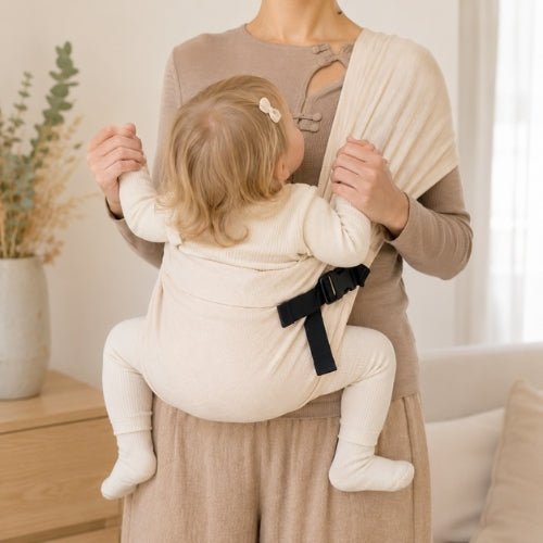 Porte-bébé à une épaule beige avec boucle réglable, enfant face au porteur en intérieur