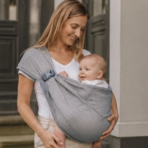 Porte-bébé à une épaule gris en maille 3D avec boucle réglable, port frontal en extérieur