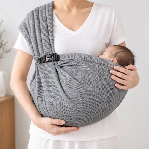 Porte-bébé à une épaule gris en maille 3D avec boucle réglable, position horizontale