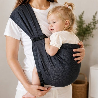 Porte-bébé à une épaule noir en maille 3D avec boucle réglable, port frontal en intérieur