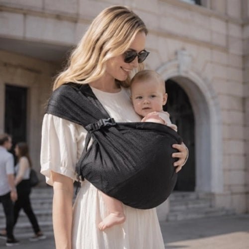 Porte-bébé à une épaule noir en maille 3D avec boucle réglable, port frontal en ville