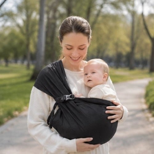 Porte-bébé à une épaule noir en maille 3D avec boucle réglable, port frontal dans un parc