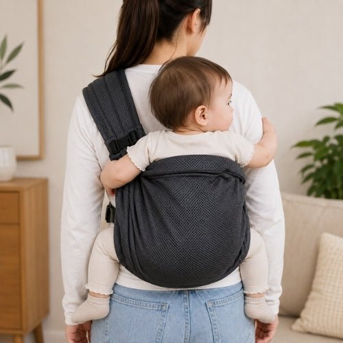 Porte-bébé à une épaule noir en maille 3D avec boucle réglable, position dorsale en intérieur