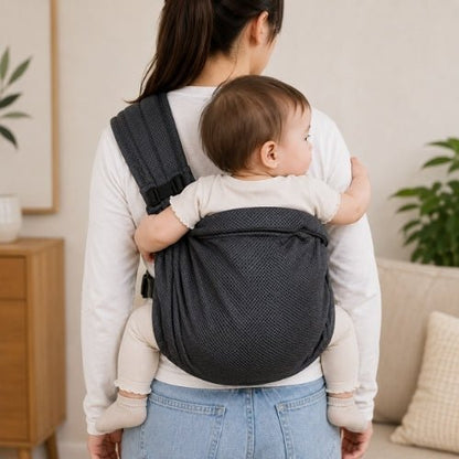 Porte-bébé à une épaule noir en maille 3D avec boucle réglable, position dorsale en intérieur