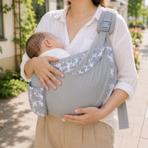 Porte-bébé à une épaule gris clair avec poche intégrée, boucle réglable et bordure camouflage
