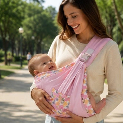 Porte-bébé à une épaule rose avec poche intégrée et boucle réglable, porté dans un parc