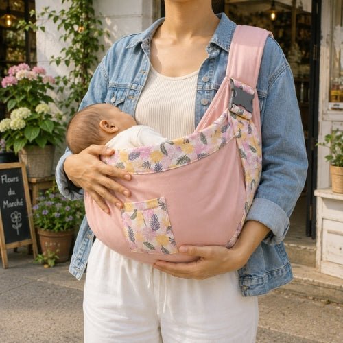 Porte-bébé à une épaule rose avec poche intégrée, boucle réglable et bordure à motif floral près d’un café
