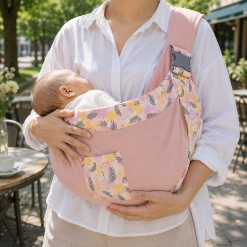 Porte-bébé à une épaule rose avec poche intégrée, boucle réglable et bordure florale près d’une terrasse