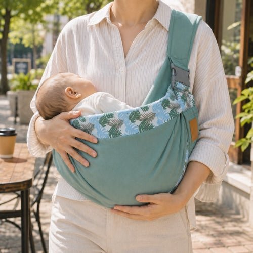 Porte-bébé à une épaule vert sauge avec poche intégrée, boucle réglable et bordure feuillage en extérieur