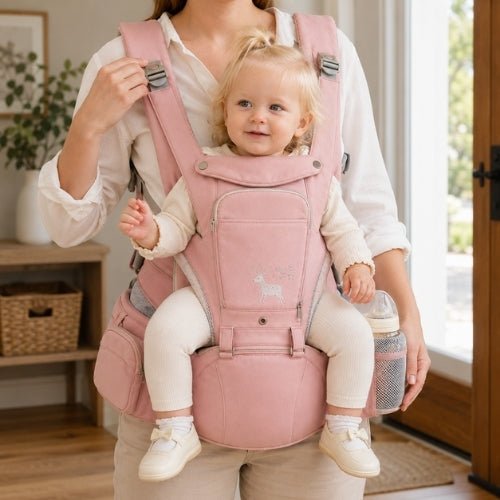 Porte-bébé avec capuche rose, panneau ouvrable et rangements, porté face vers l’avant près d’une entrée