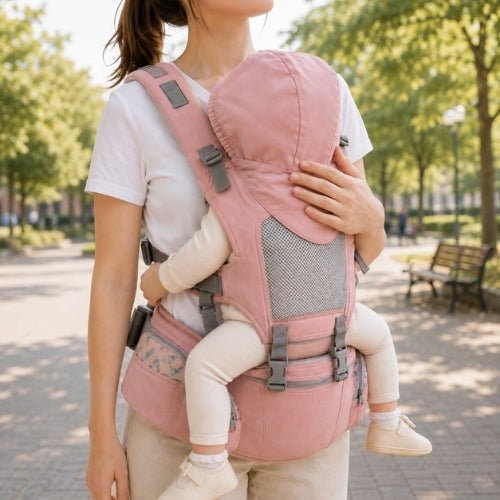 Porte-bébé avec capuche rose, protection textile supérieure déployée pendant le portage