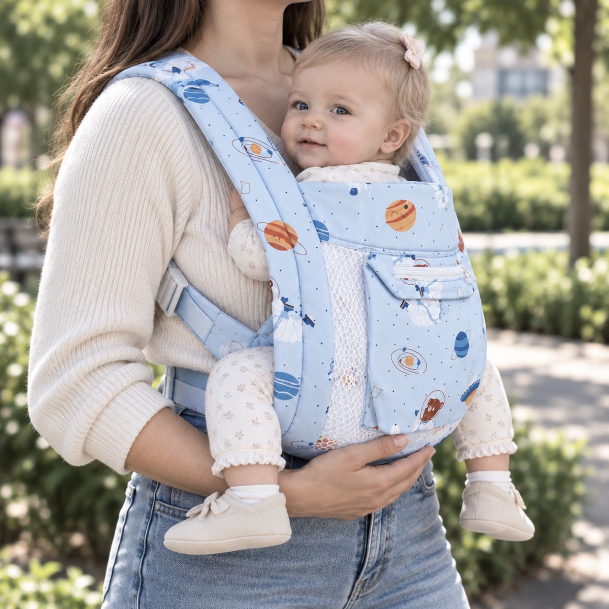 Porte-bébé avec capuche bleu ciel motif espace, vue de face avec bébé