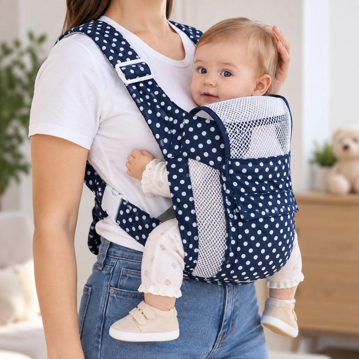 Porte-bébé avec capuche bleu marine à pois blancs, vue de face avec bébé