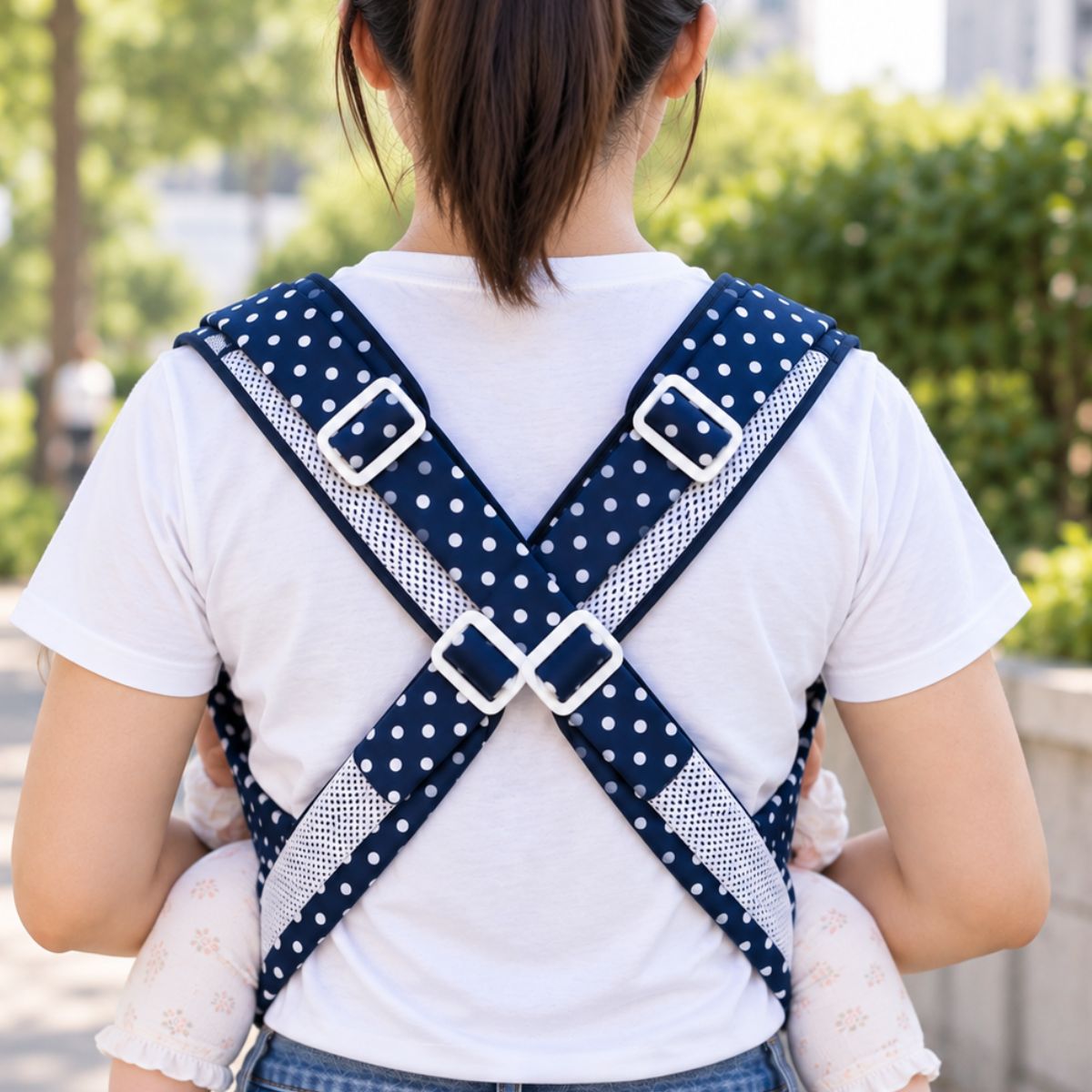 Porte-bébé avec capuche bleu marine à pois blancs, bretelles croisées en X dans le dos