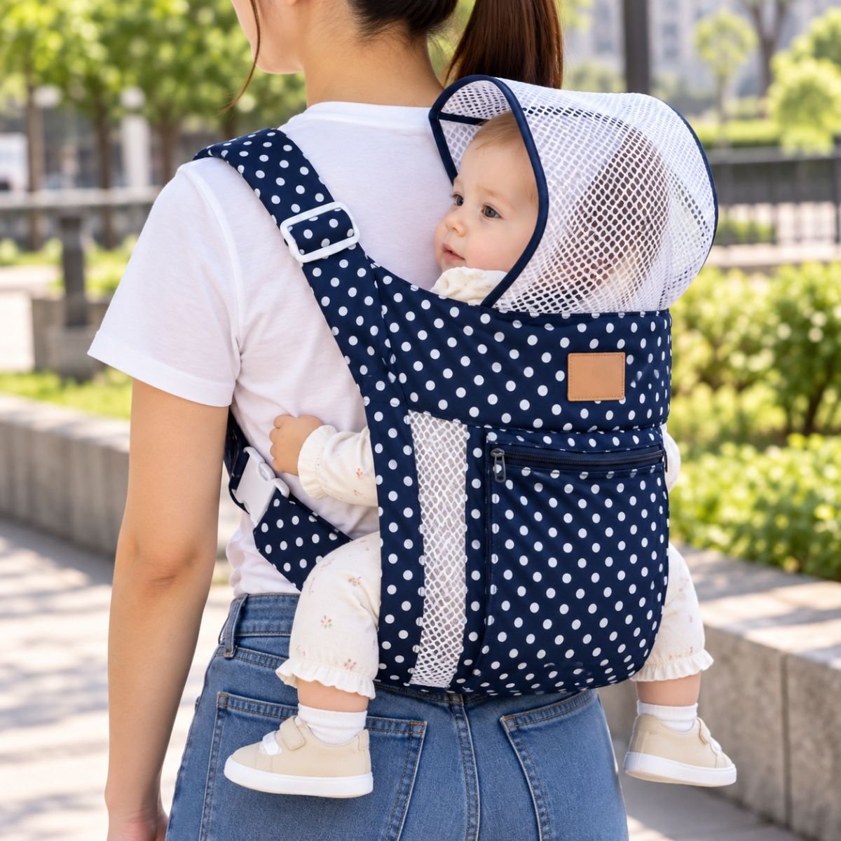 Porte-bébé avec capuche bleu marine à pois blancs, capuche en maille déployée