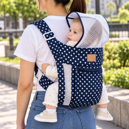 Porte-bébé avec capuche bleu marine à pois blancs, capuche en maille déployée