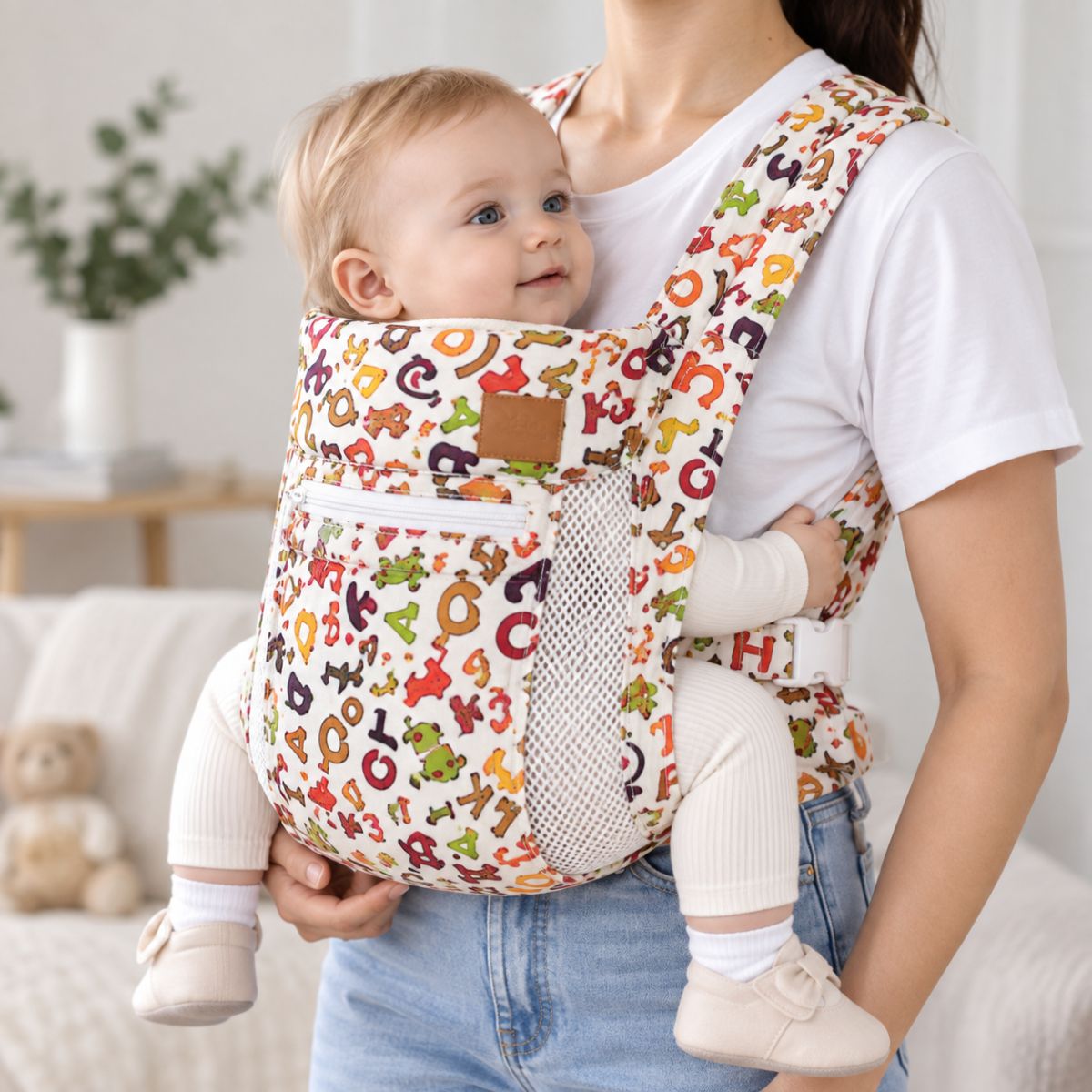 Porte-bébé avec capuche crème motif alphabet coloré, vue de face avec bébé