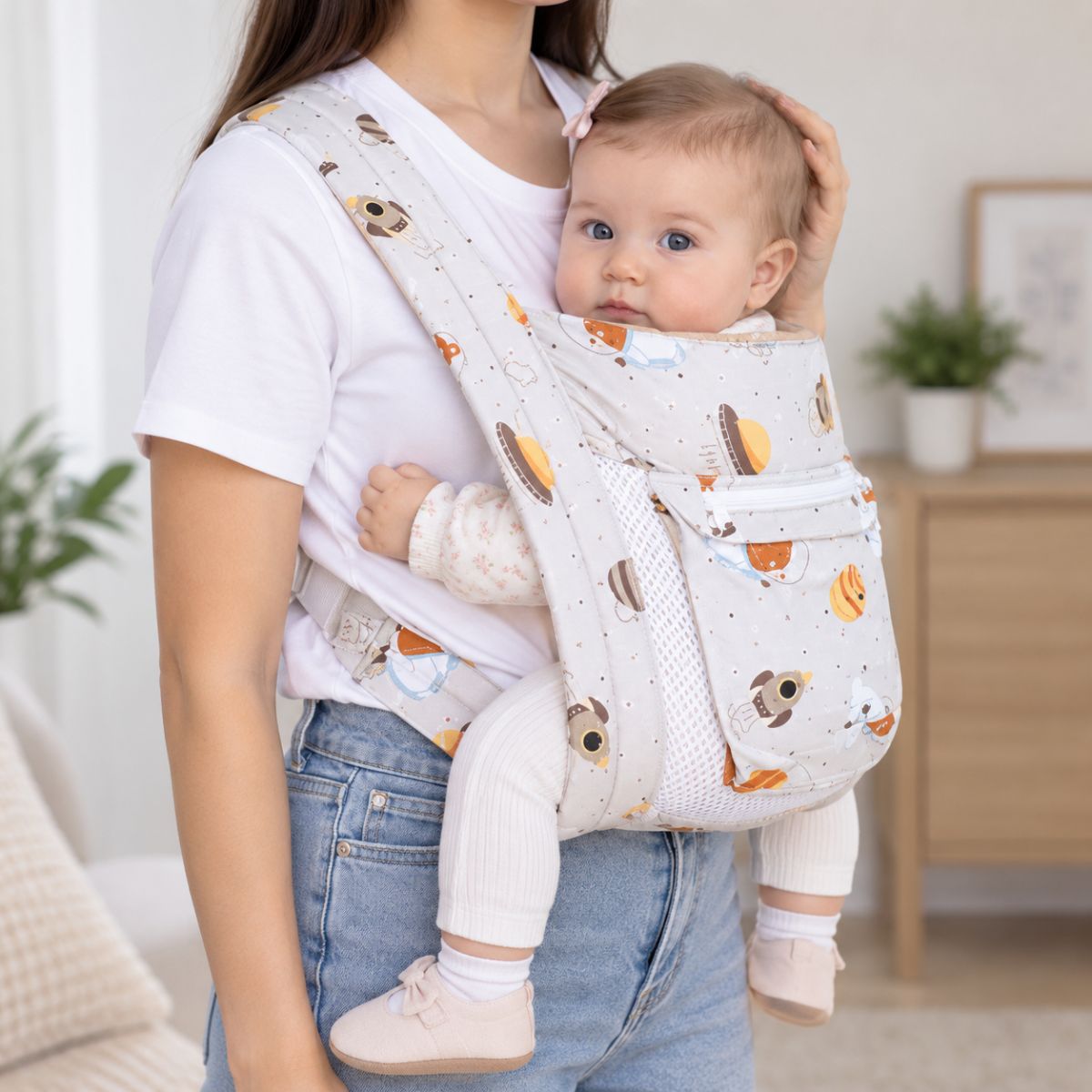 Porte-bébé avec capuche crème motif espace, vue de face avec bébé