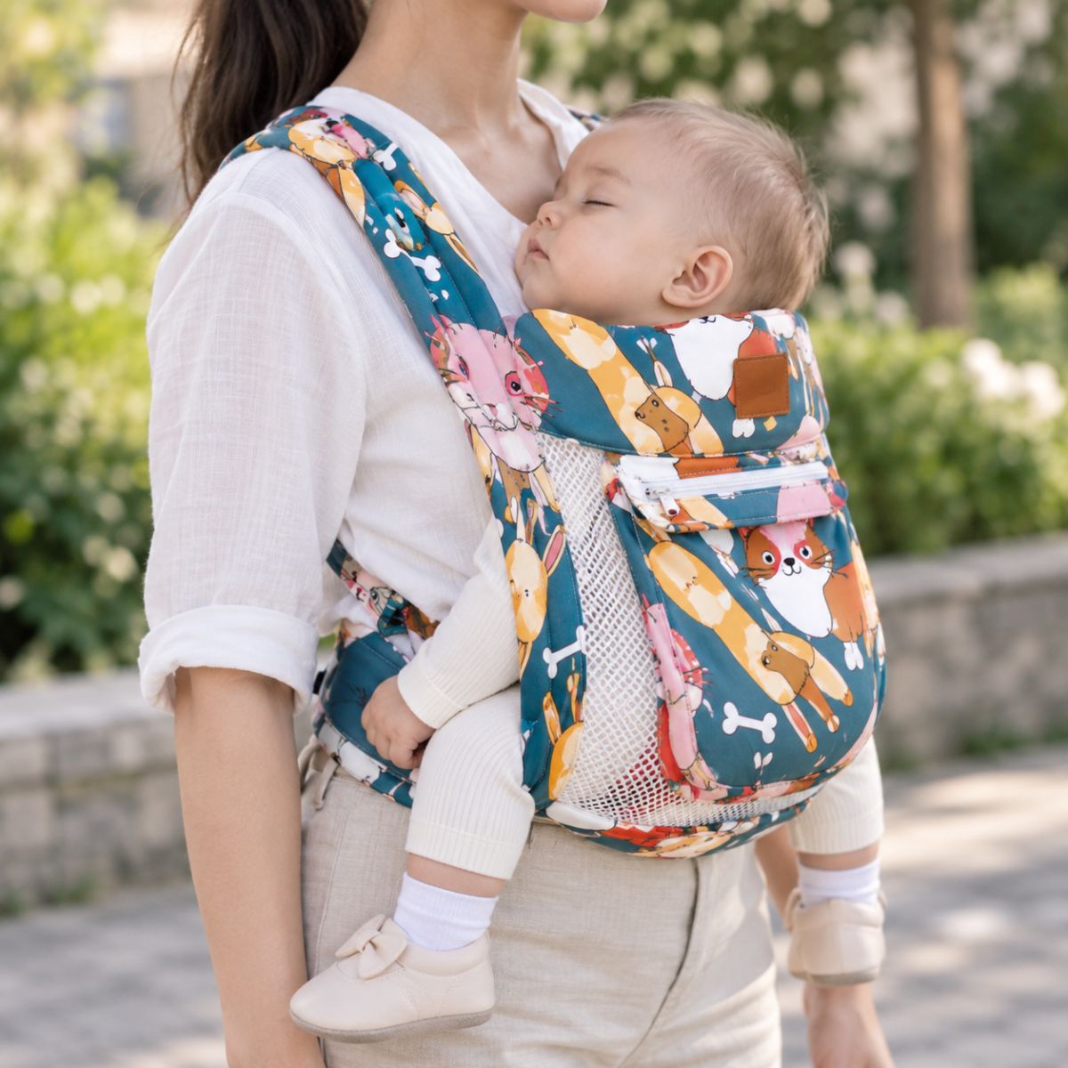 Porte-bébé avec capuche vert canard motif animaux, vue de profil avec bébé endormi